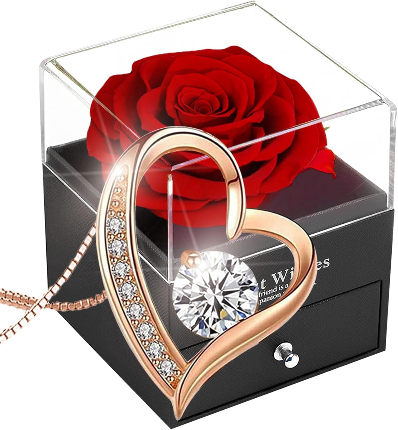 SWEETIME Eternal Rose Gift Box Preserved Rose with Necklace,Forever Red Rose wit...