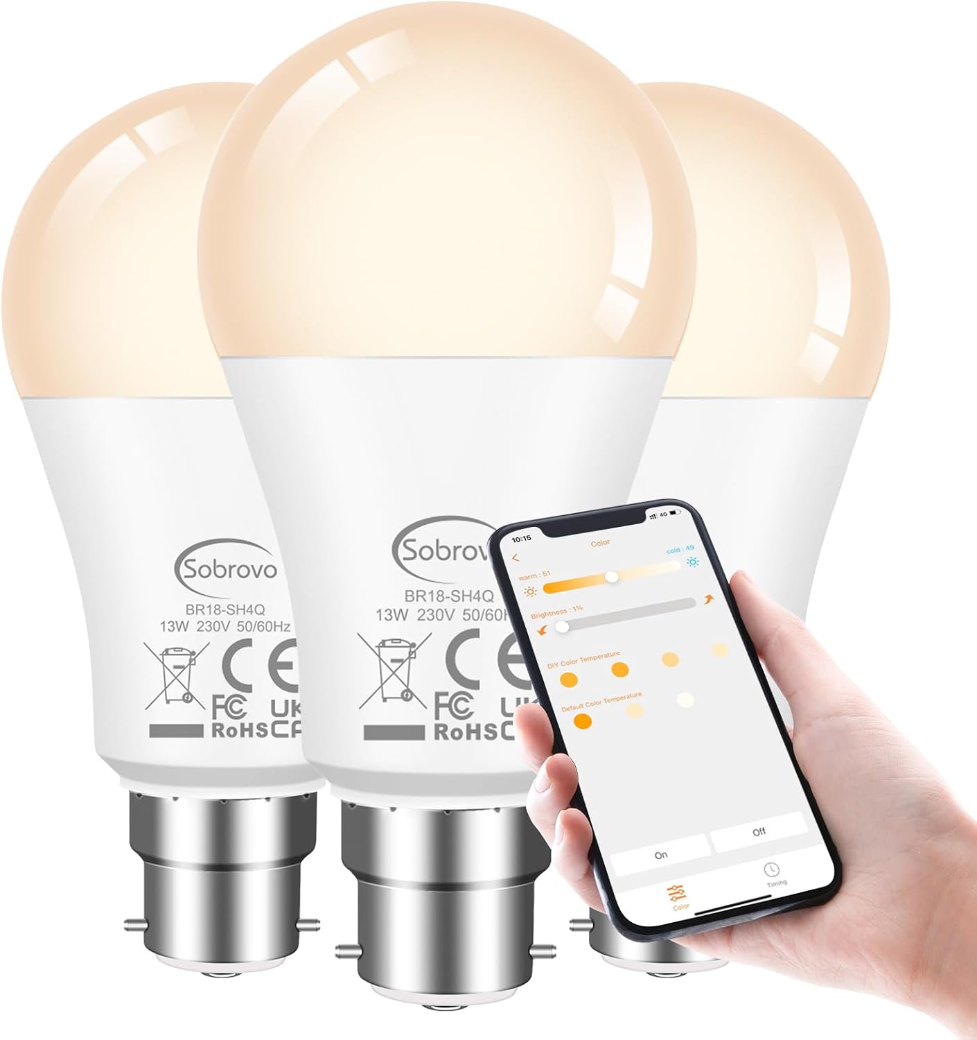 SOBROVO LED Light Bulb 13W Warm White-White 2700K-6000K 130W Equivalent B22 Smar...