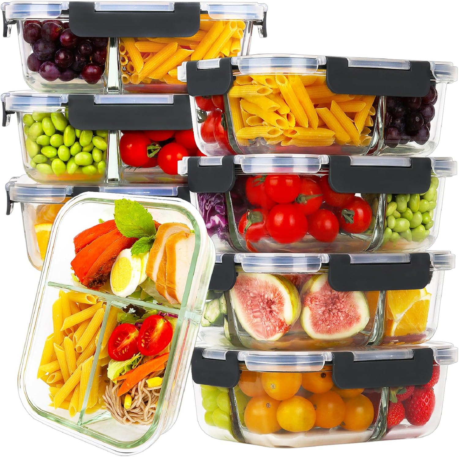 HOMBERKING 8 Pack Glass Meal Prep Containers 3 Compartment, 36oz Glass Food Stor...