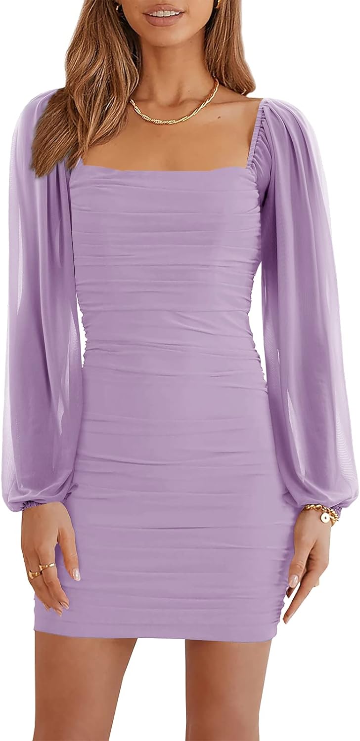 Wenrine Women's Mesh Long Sleeve Square Neck Ruched Party Club Cocktail Bodycon...