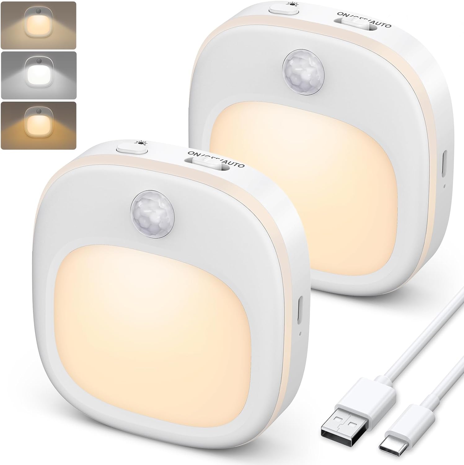 Motion Sensor Lights Indoor, 2 Pack Rechargeable Night Light with 3 Colour Tempe...