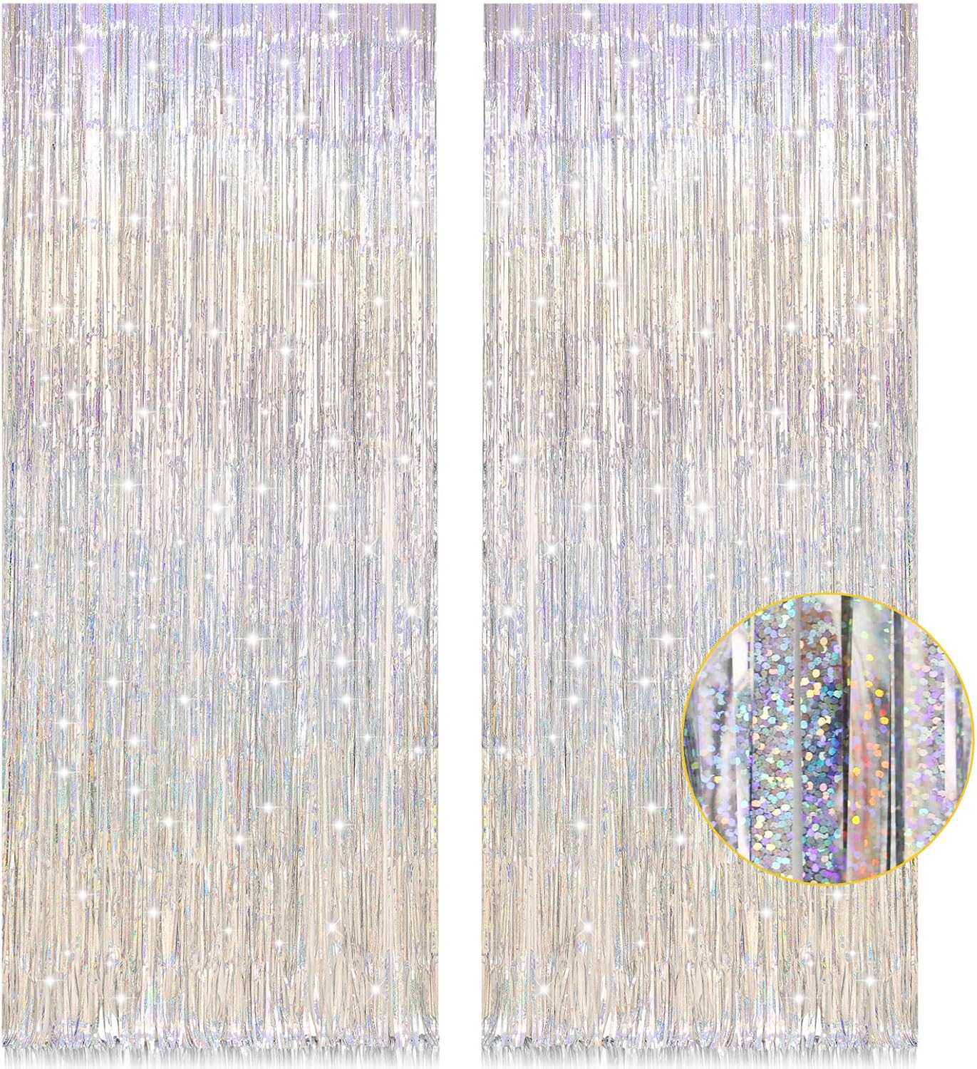 2 Pack 3.2ft x 8.2ft Silver Metallic Tinsel Foil Fringe Curtains, Door Streamer...