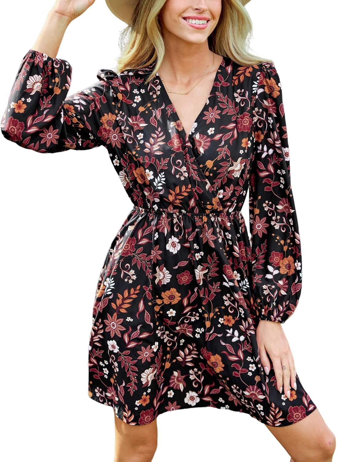 CUPSHE Women's Floral Mini Fall Dress Ditsy Surplice V Neck Long Peasant Sleeve...