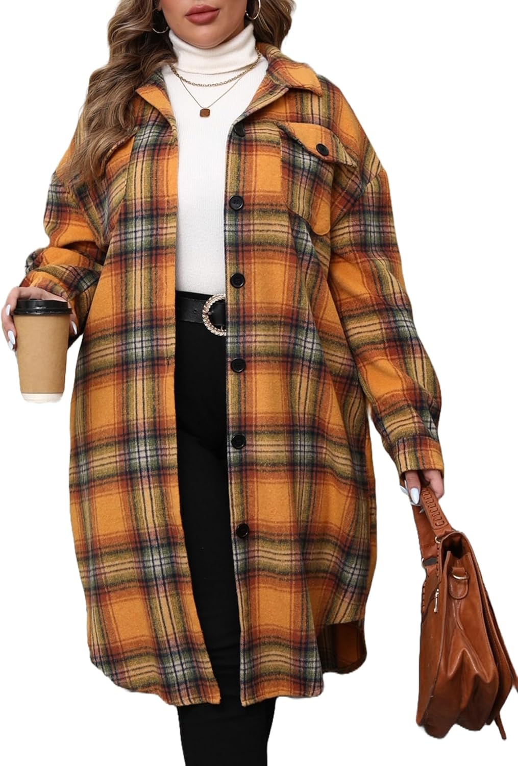 IN'VOLAND Womens Plus Size Flannel Plaid Shirts Long Sleeve Lounge Lapel Boyfrie...