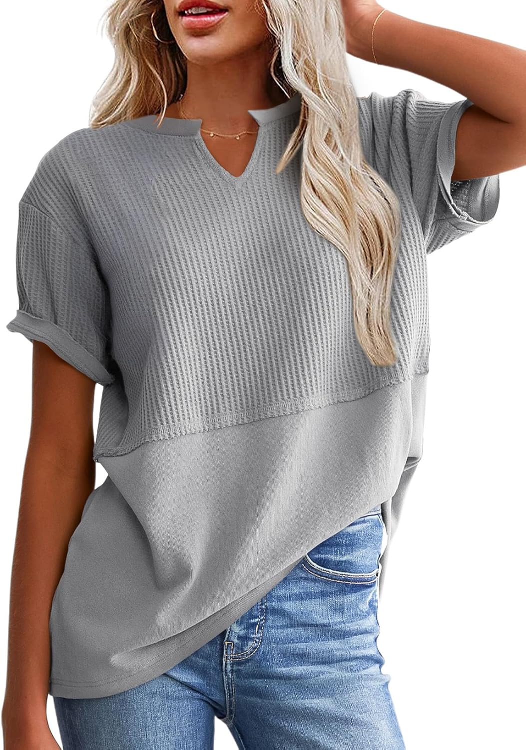 SHEWIN Womens Casual V Neck Waffle Knit Tops Short Sleeve T Shirts Loose Blouses...