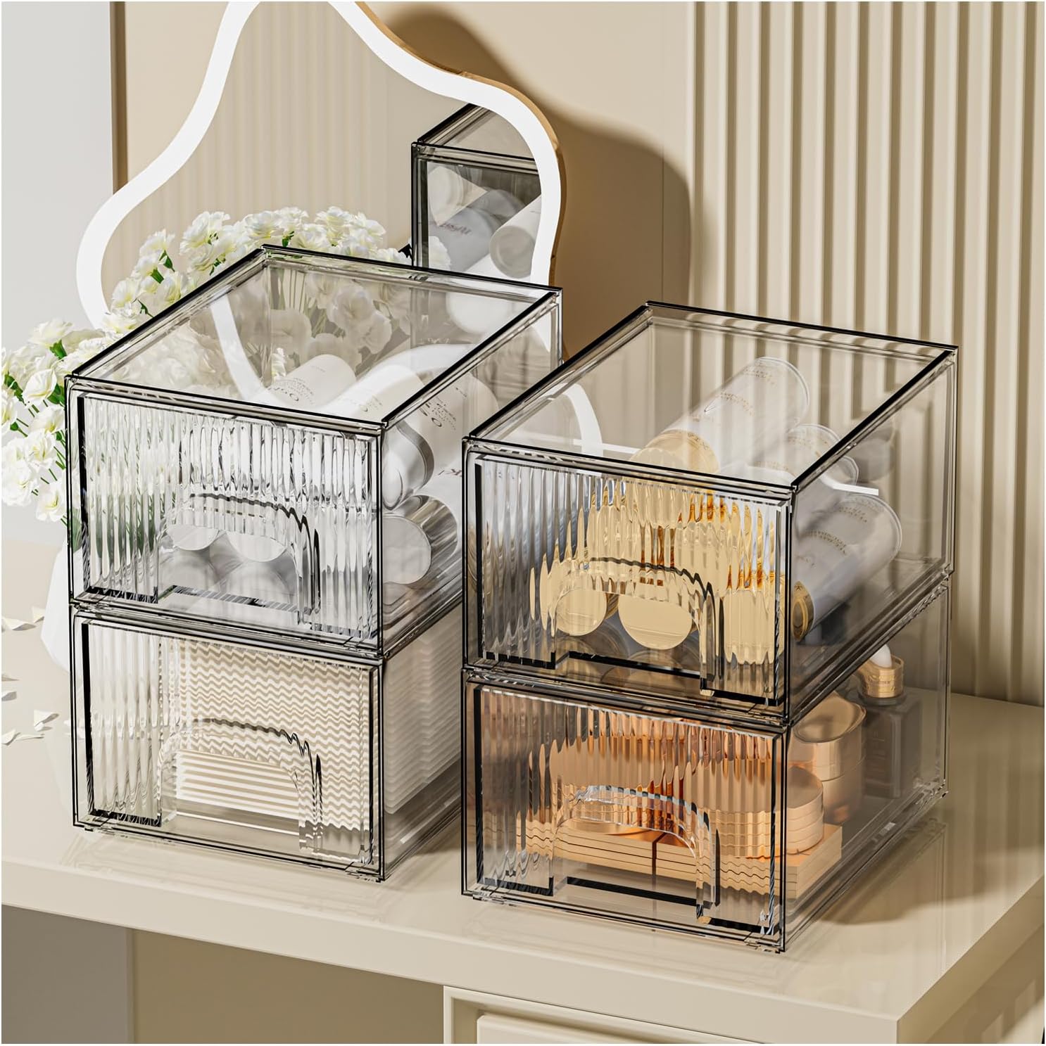 ZHIAI 4 Pack Clear Stackable Storage Drawer, Acrylic Drawer, Cosmetic Organizer,...