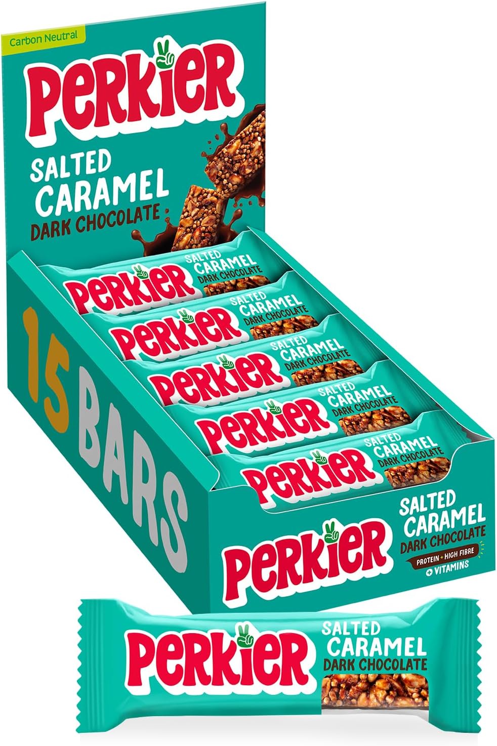 Perkier Salted Caramel Dark Chocolate Bars (15 Bars), Vegan, Gluten Free, Protei...