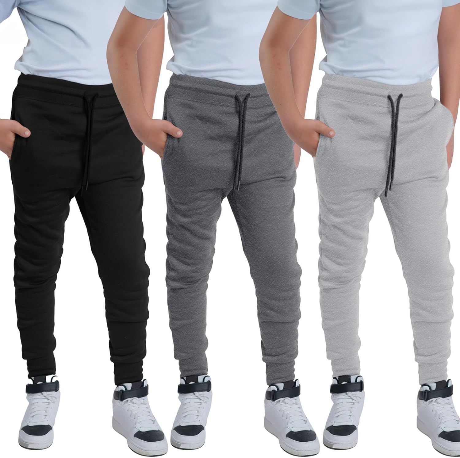 3 Pack Boys Sweatpants - Poly Fleece Boys Joggers with Open Pockets & Drawstring...