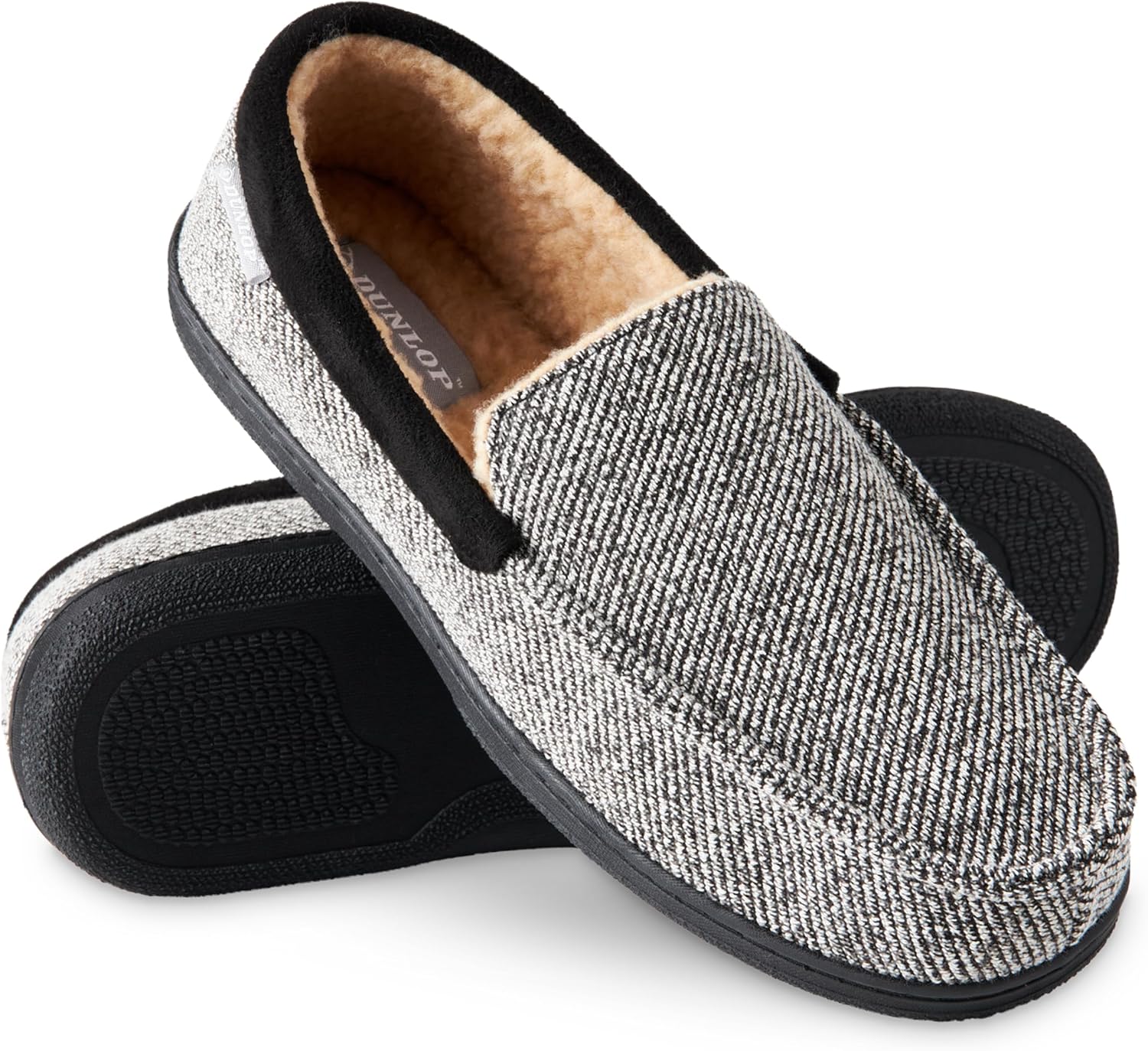 DUNLOP Moccasins Slippers Men Loafers Faux Fur Slippers Rubber Sole Memory Foam...