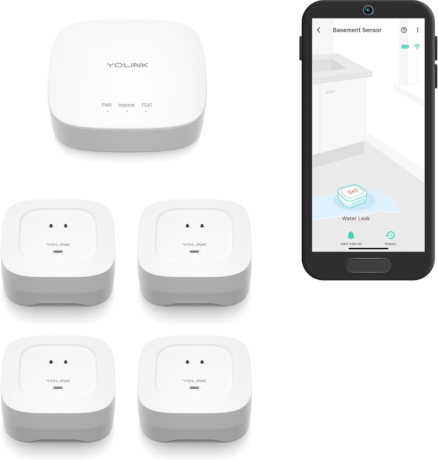 YoLink Smart Home Starter Kit: Hub & Water Leak Sensor 4 with 105dB Audio Alarm...