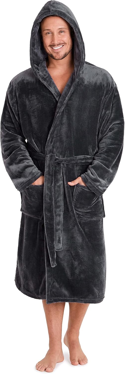 Mens Dressing Gown Super Soft Mens Fleece Robe with Hood Gowns Bathrobe Warm and...