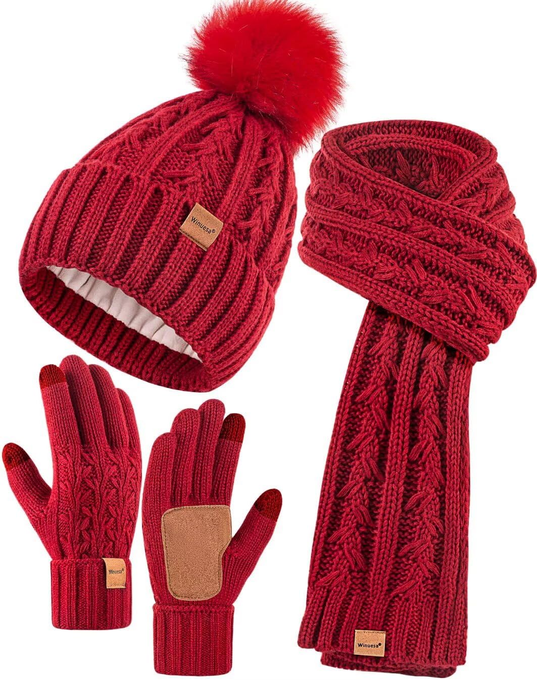 Womens Beanie Hat Scarf Gloves Set, Fleece Lined Winter Hat with Pom Pom, Long K...