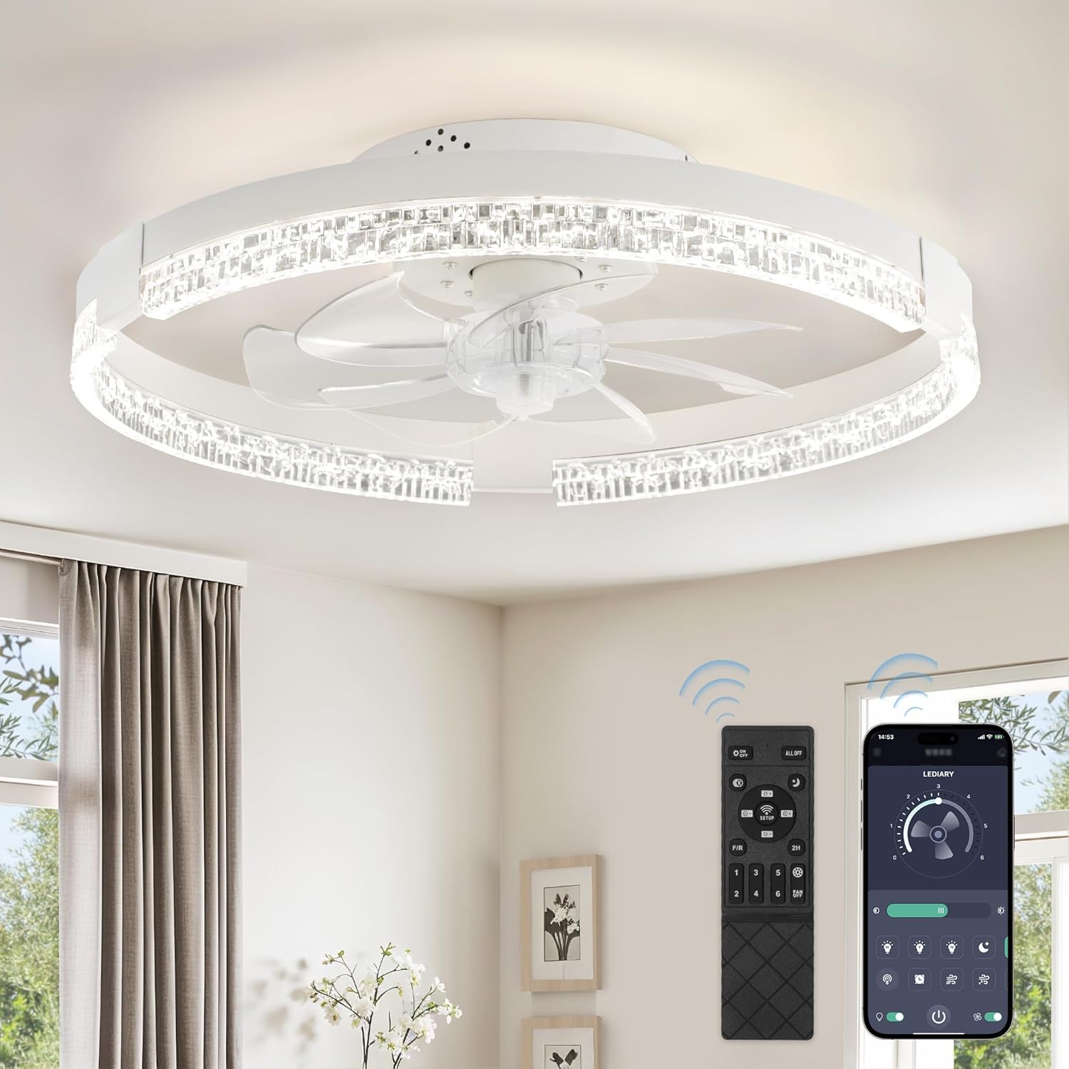 LEDIARY Flush Mount Ceiling Fans with Lights and Remote, 19.7'' Low Profile Ceil...