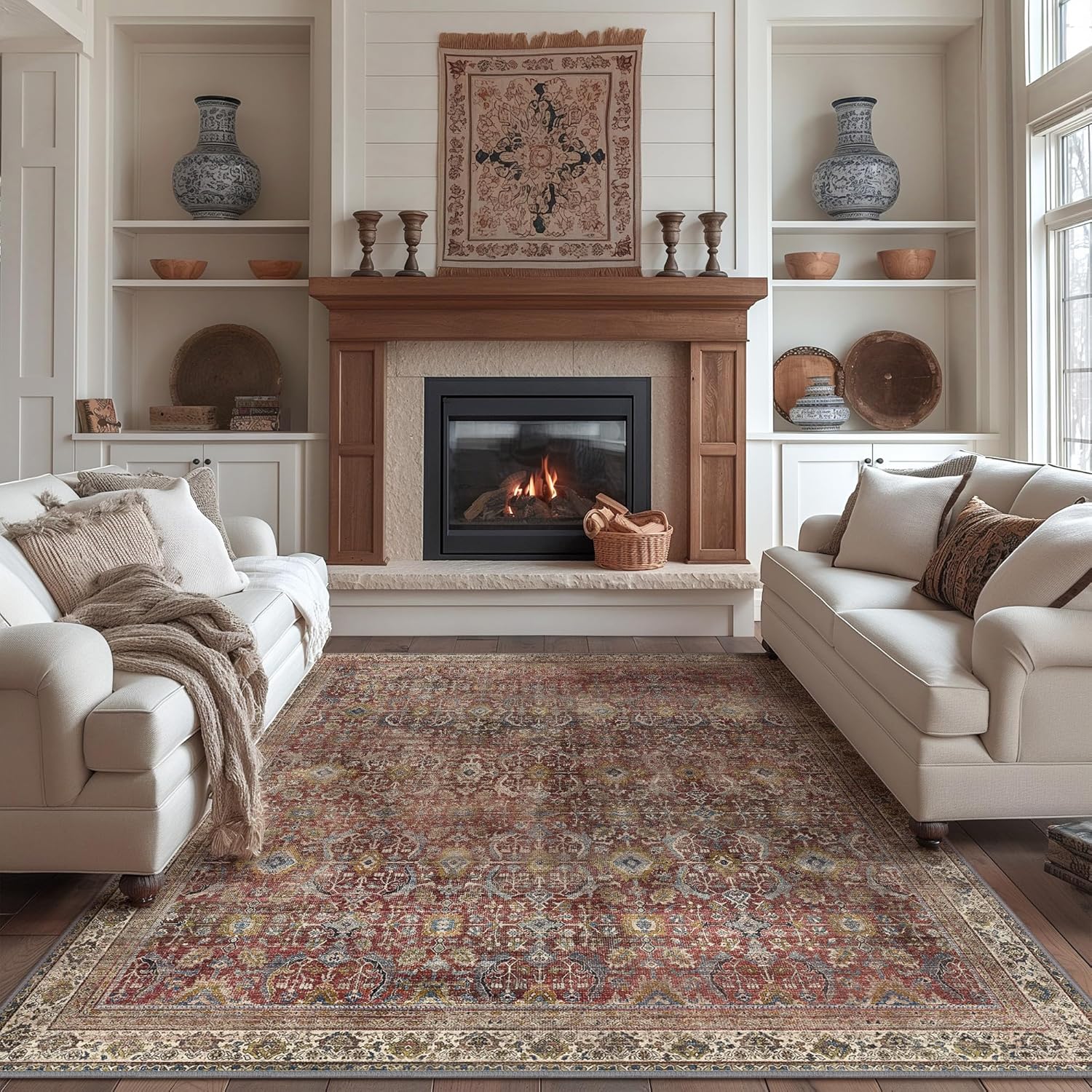 Area Rug 8x10 Machine Washable Vintage Distressed Print Ultra-Thin Chenille Bedr...