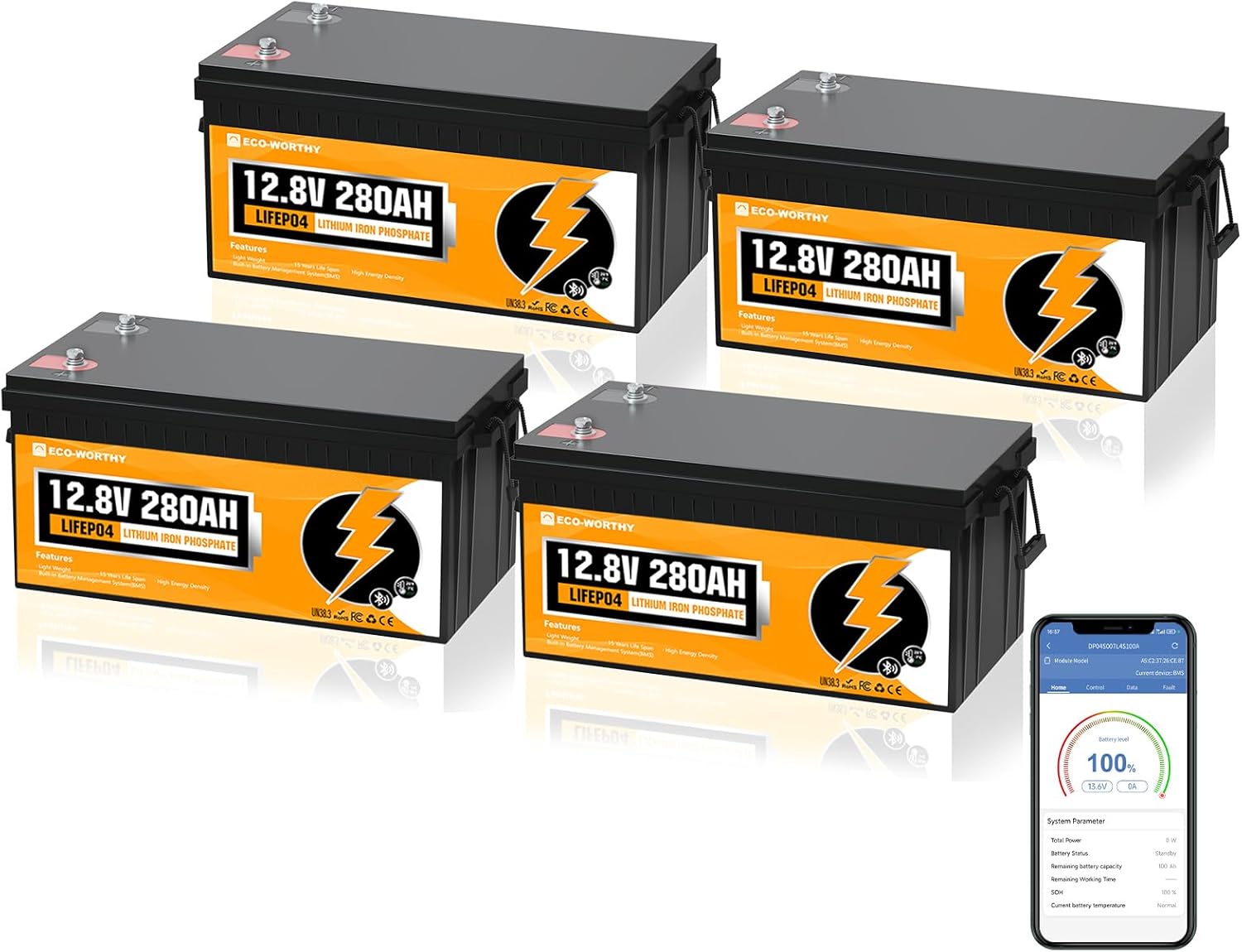 ECO-WORTHY 48V 280Ah (4 Packs) LiFePO4 Lithium Battery with Bluetooth, Low-Temp...