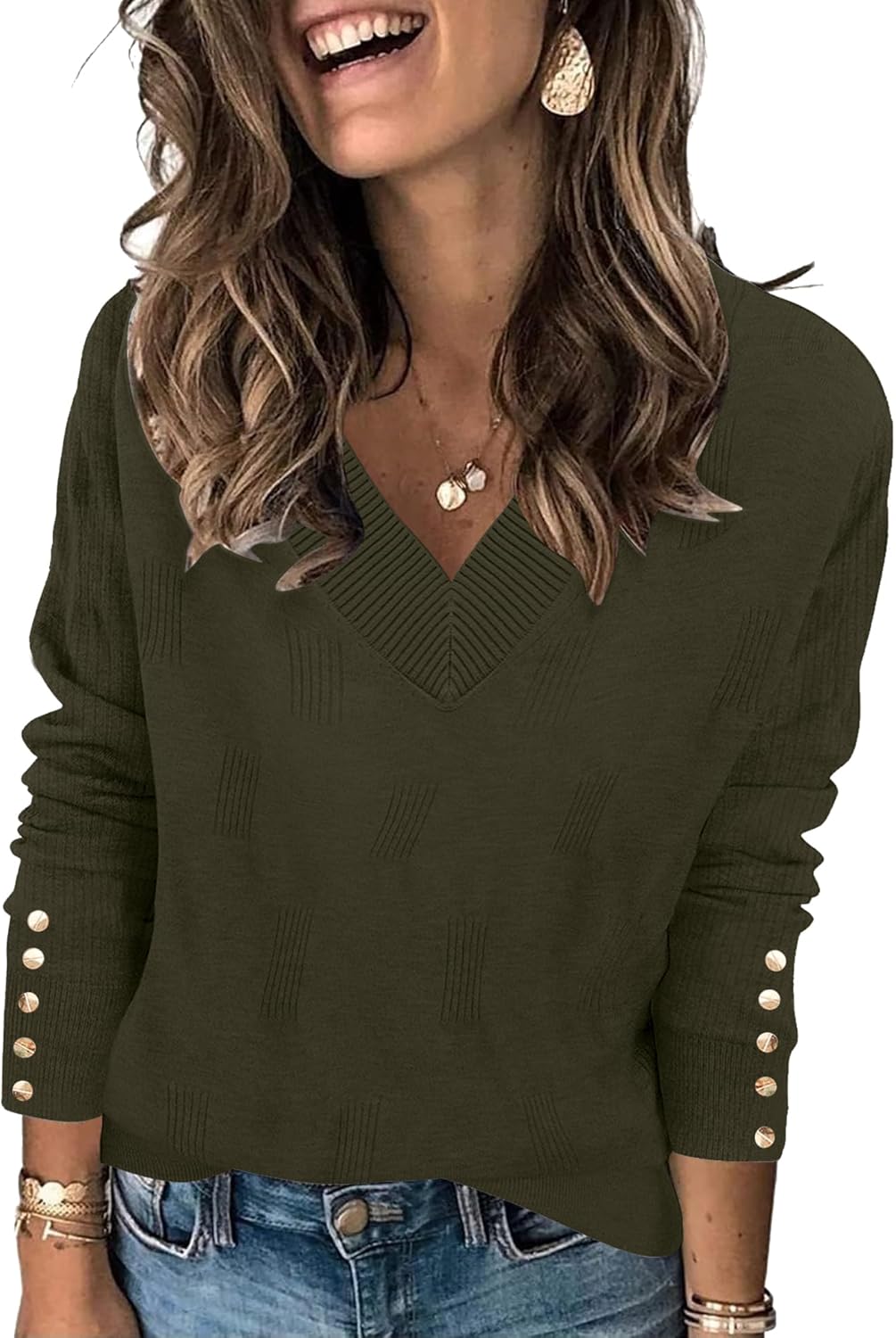 AKEWEI Womens V Neck Sweaters Long Sleeve Lightweight Knit Pullover Tops with De...
