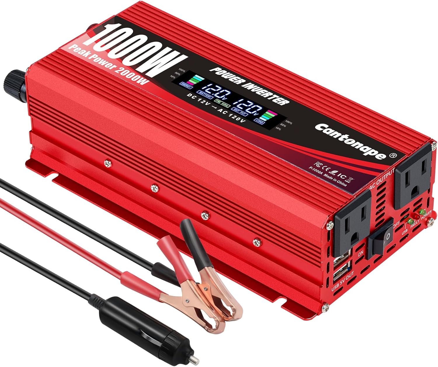 1000W/2000W(Peak) Car Power Inverter DC 12V to 110V AC Converter with LCD Displa...