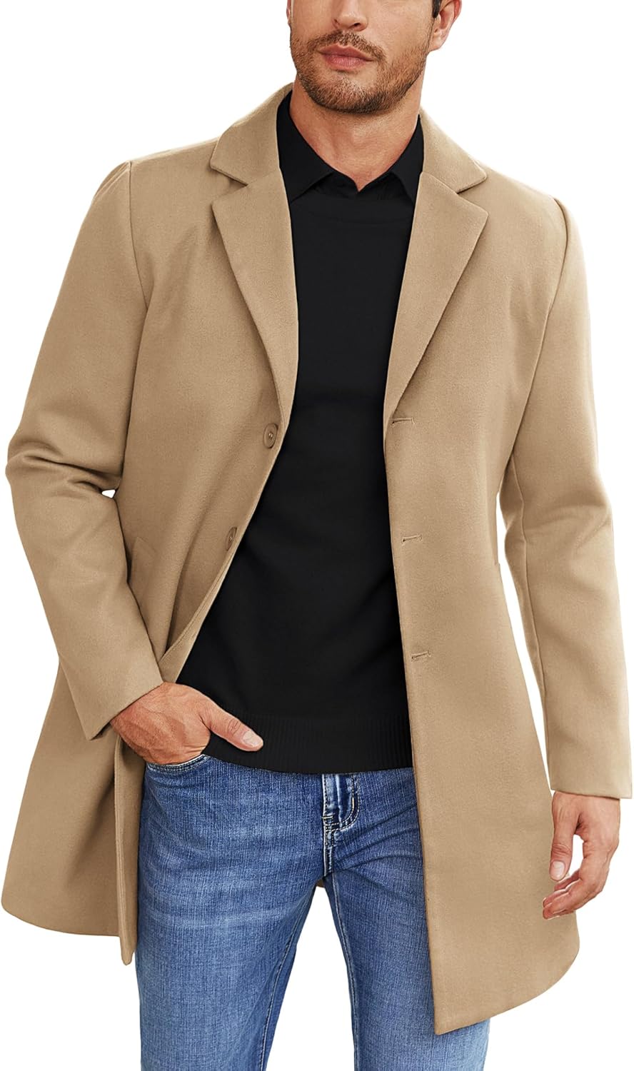 COOFANDY Mens Wool Blend Coat Winter Trench Coats Notched Lapel Collar Single Br...