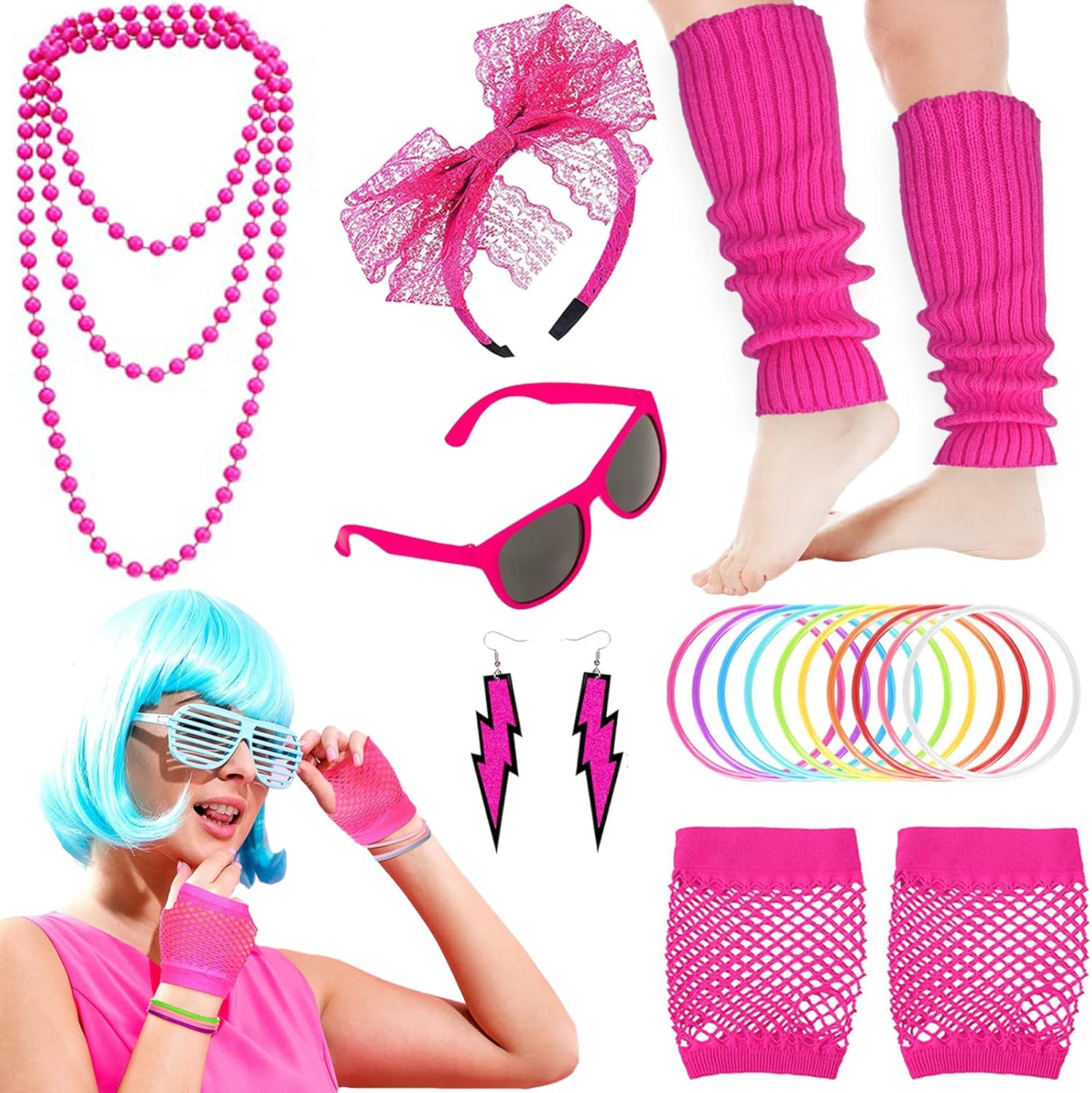19Pcs Ladies 80s Accessories, Pink 80s Fancy Dress for Women with Lightning Earr...
