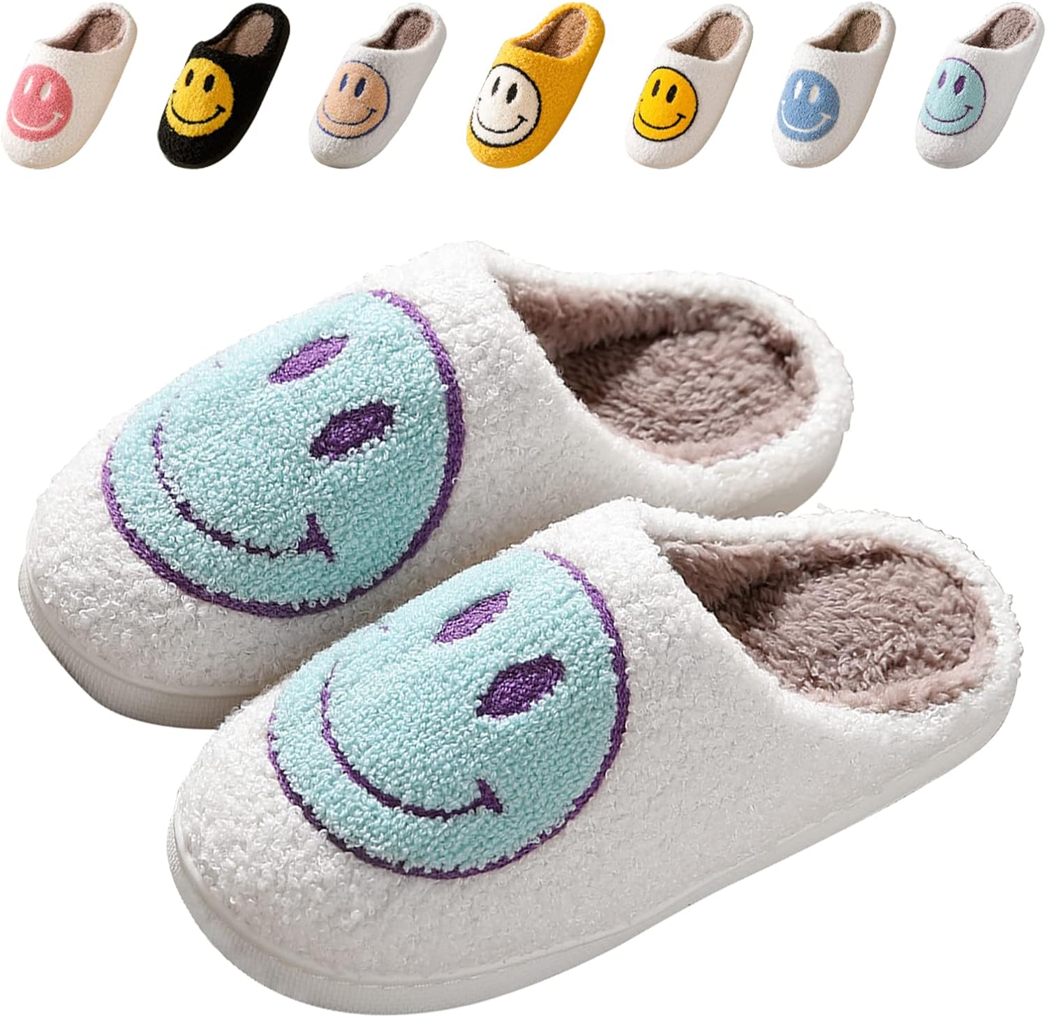 Smile Face Slippers for Women, Soft Plush Smile Slippers Retro Preppy Slippers w...
