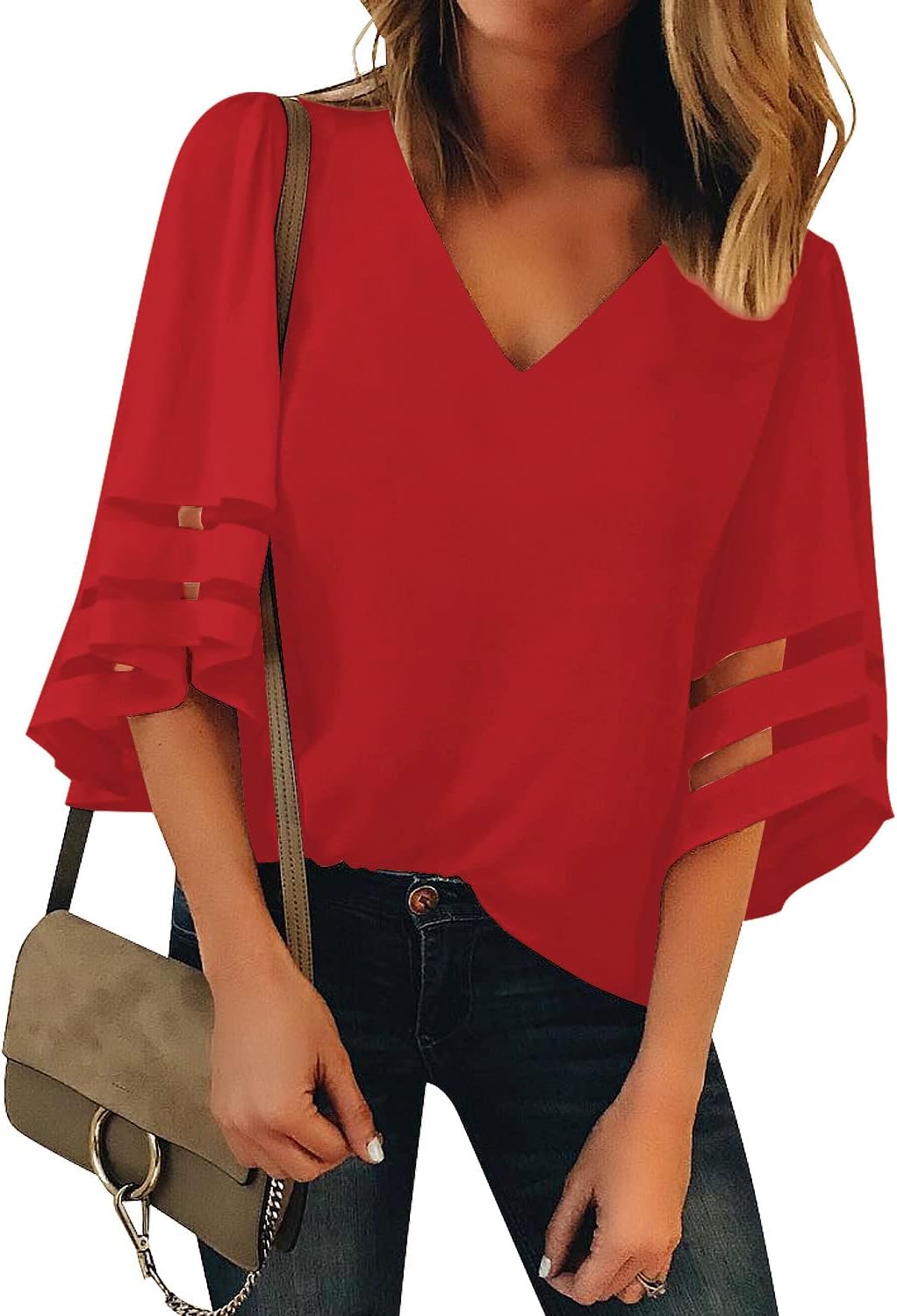 LookbookStore Women's V Neck Mesh Panel Blouse 3/4 Bell Sleeve Loose Top Shirt M...