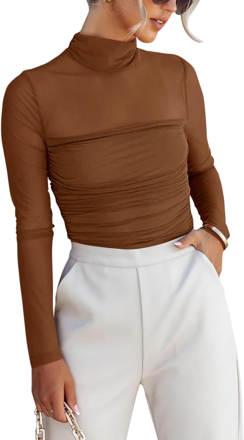 REORIA Women’s Trendy Sexy Mock Turtle Neck Long Sleeve Sheer Mesh Ruched Going...