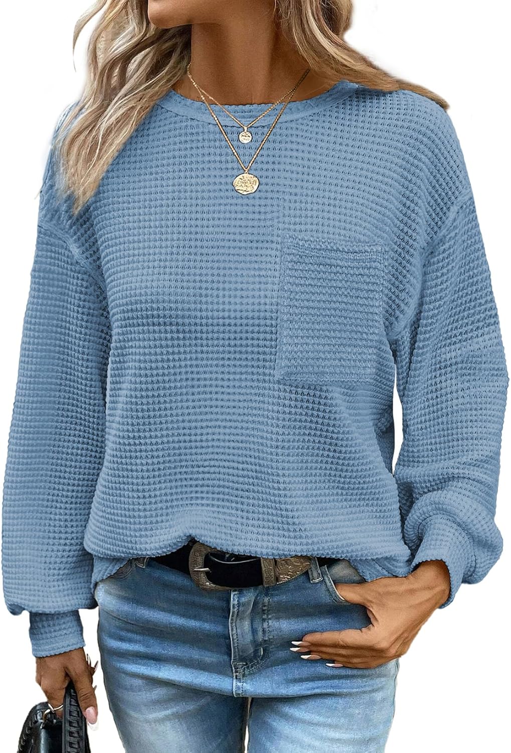 Dokotoo Womens Tops 2024 Oversized Long Sleeve Crewneck Waffle Knit Shirts Busin...