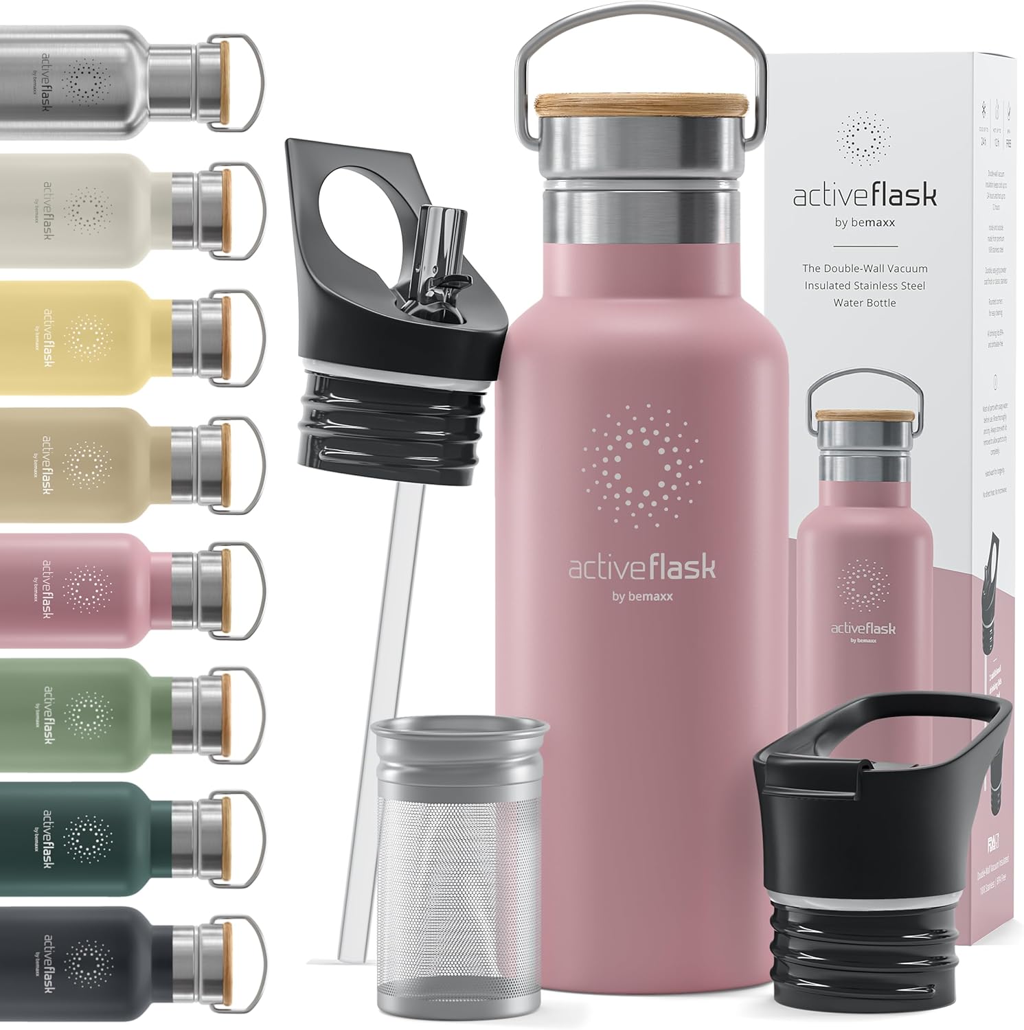 Stainless Steel Water Bottle with Straw, Infuser & 3 Lids: 1 & 0,5L Leak-Proof V...