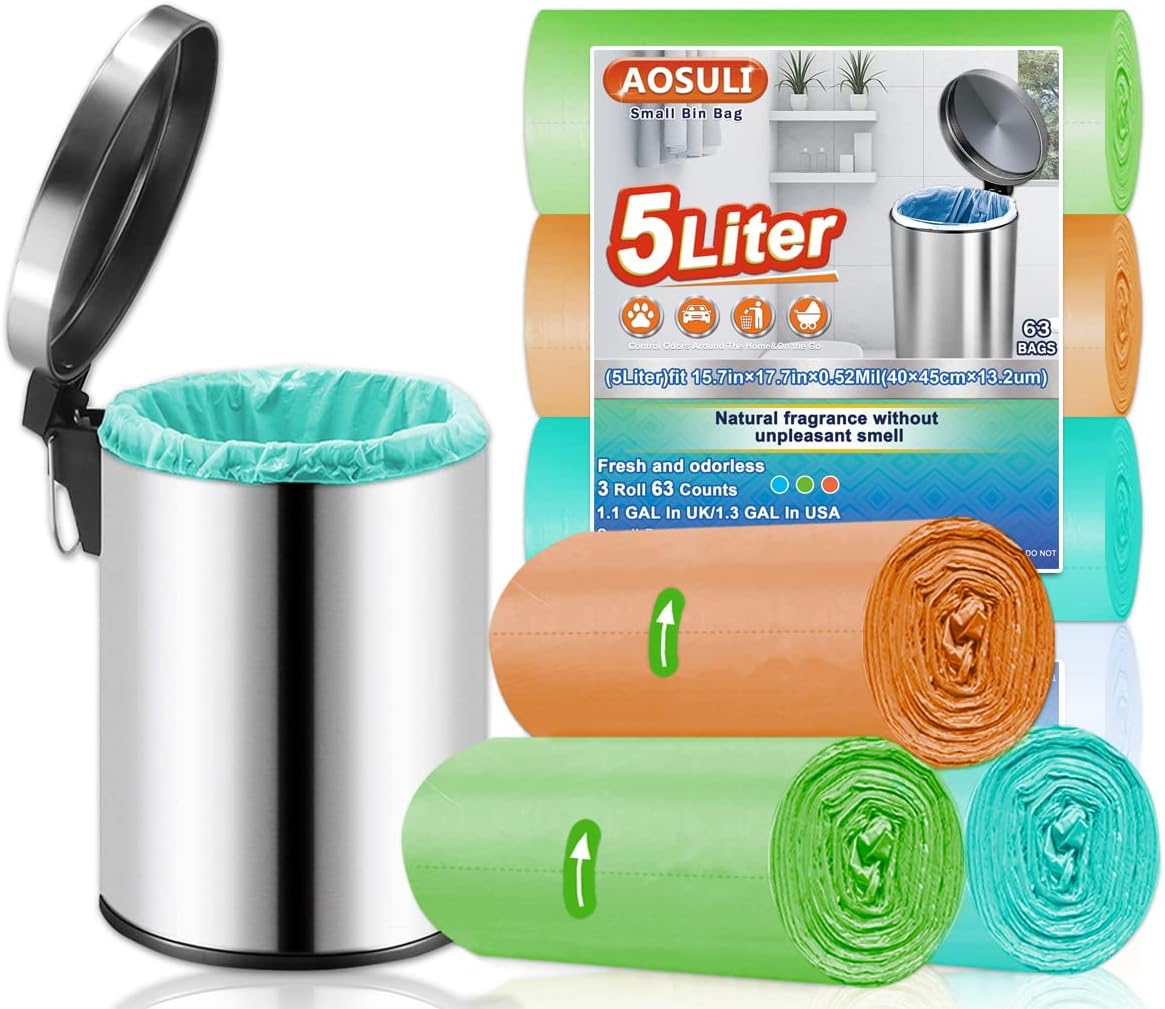 5L Bin Bags AOSULI 63 Counts 3-6L Small Pedal Garbage Bags Colorful Bin Liners f...