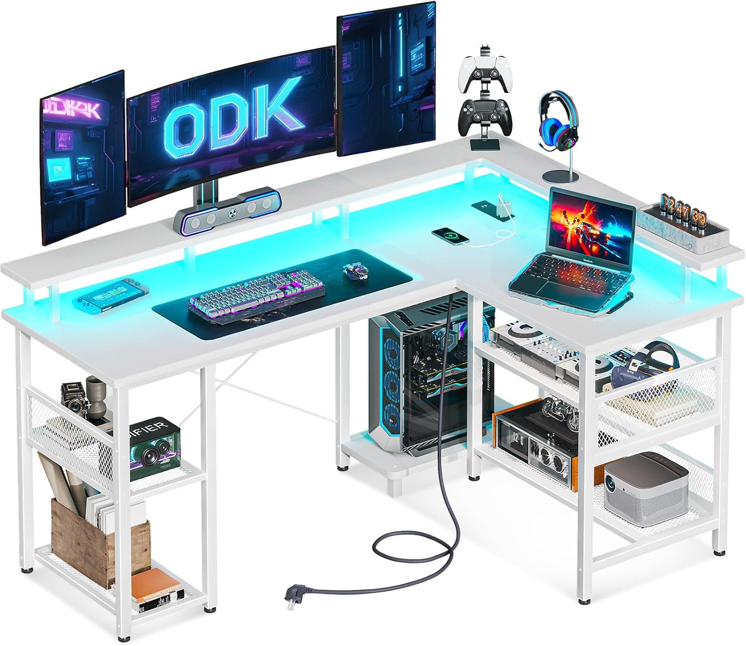 ODK L Shaped Gaming Desk with Power Outlet and LED Lights, PC Gaming Table with...
