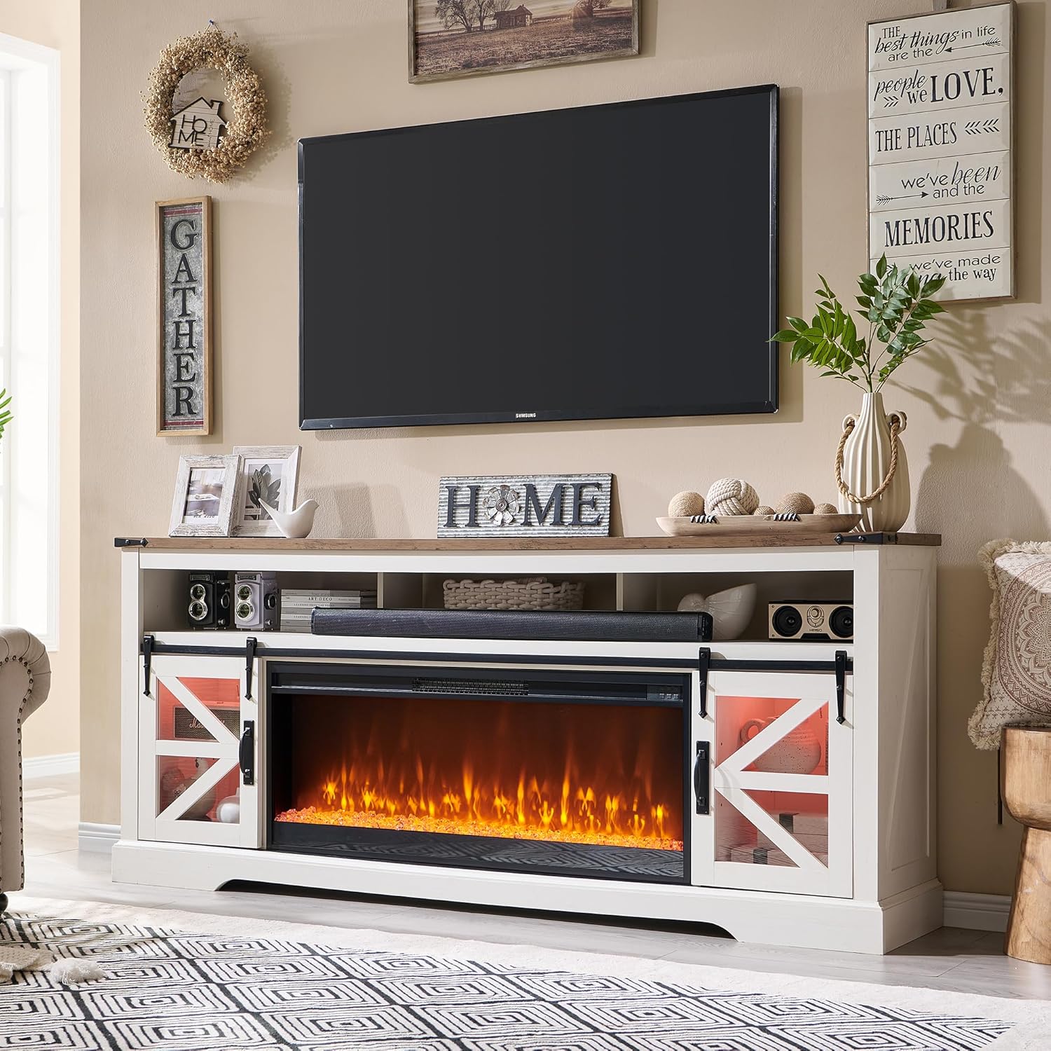 OKD Fireplace TV Stand for 85" TV, 33" Tall Highboy Farmhouse Entertainment Cent...