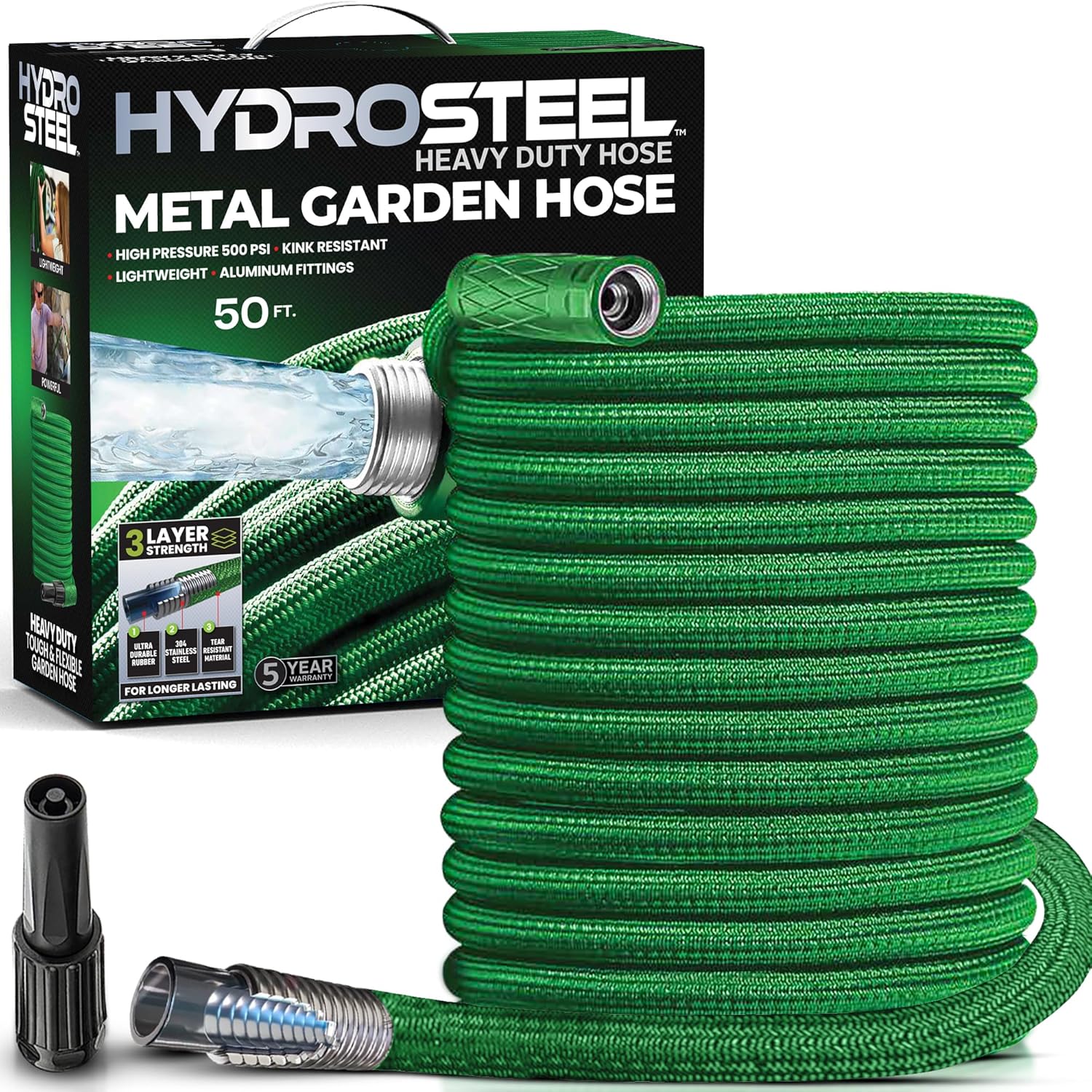 HYDROSTEEL Metal Garden Hose 50 Ft with Nozzle, 3x Layer Stainless Steel Metal W...