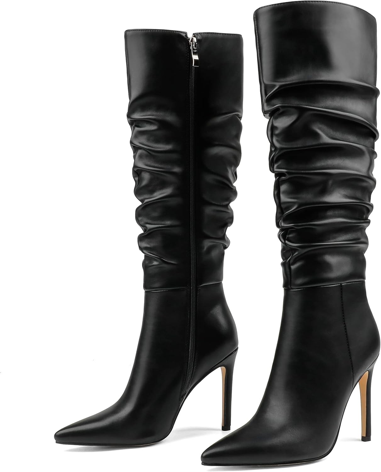 COLETER Women's Knee High Boots Pointed Toe Stiletto Buckle Dress Boots Slouch Z...