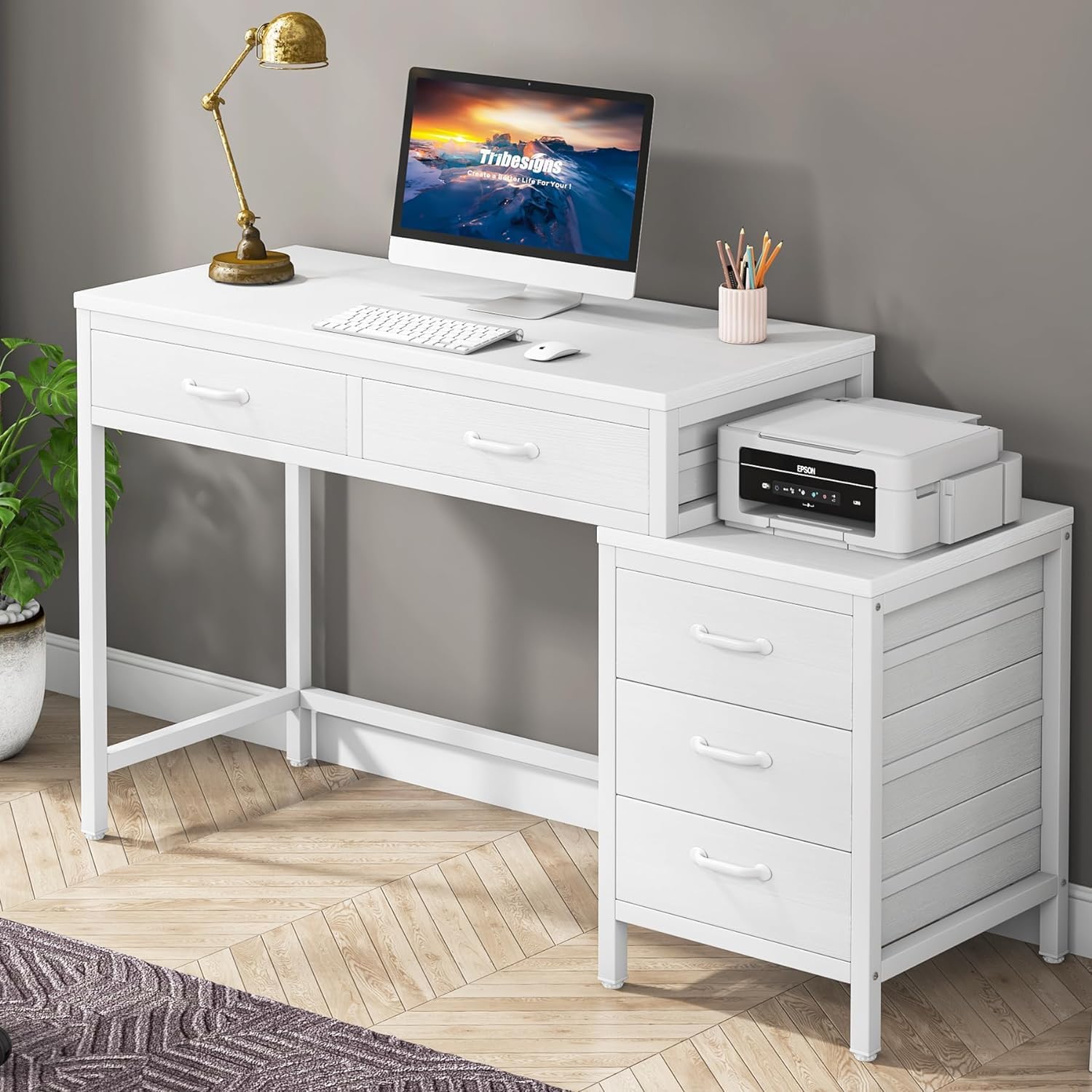 Tribesigns Computer Desk with 5 Drawers, Home Office Desks with Reversible Drawe...
