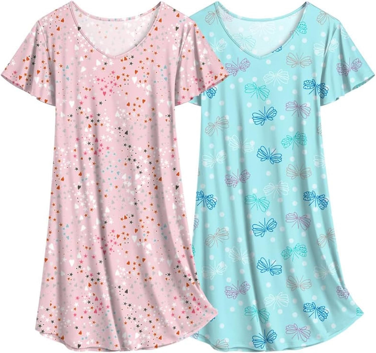 Ekouaer 2 Pack Nightgowns for Women Flare Short Sleeve Sleepshirt V Neck Sleepwe...