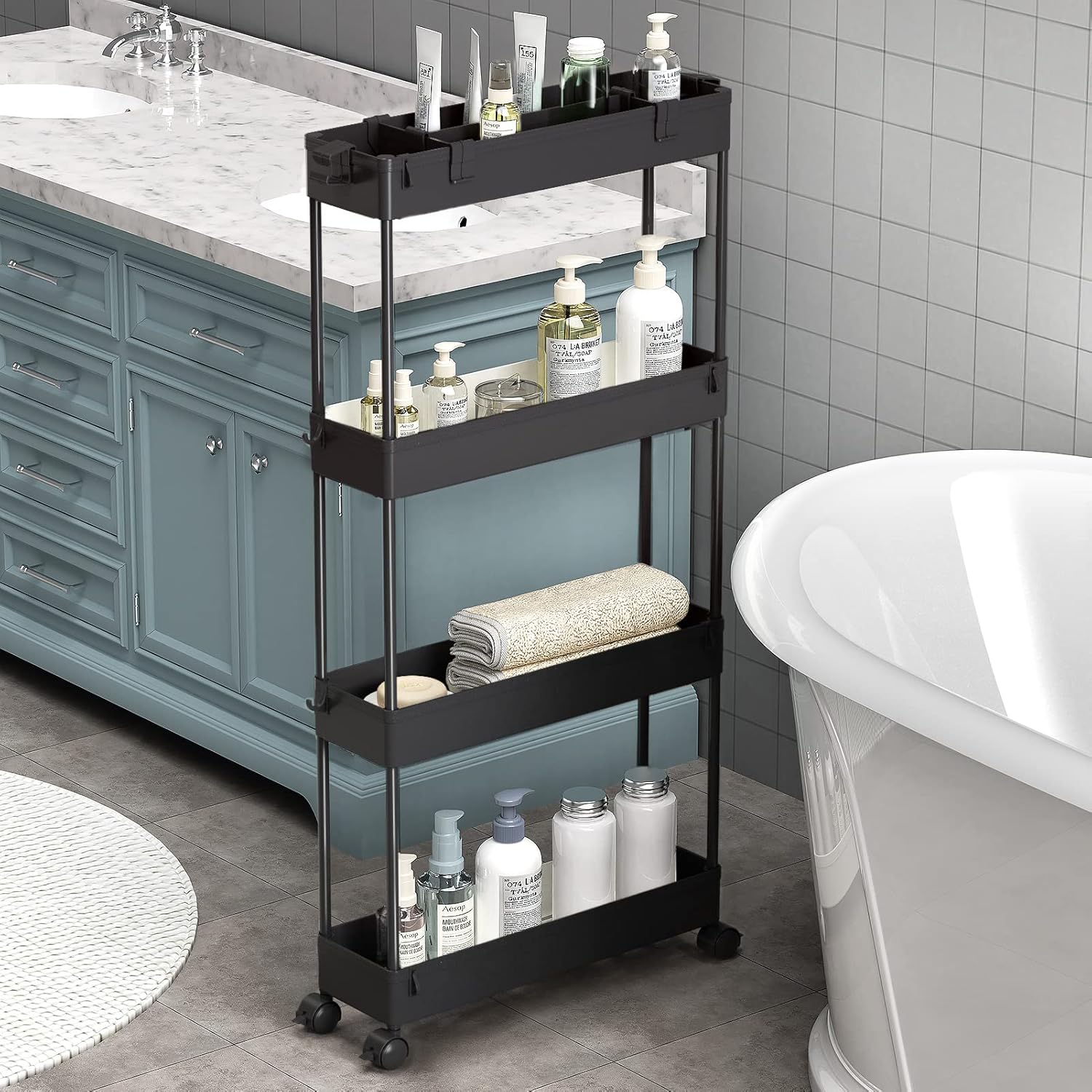 SPACELEAD Slim Storage Cart 4 Tier,Bathroom Organizer Rolling Utility,Mobile She...