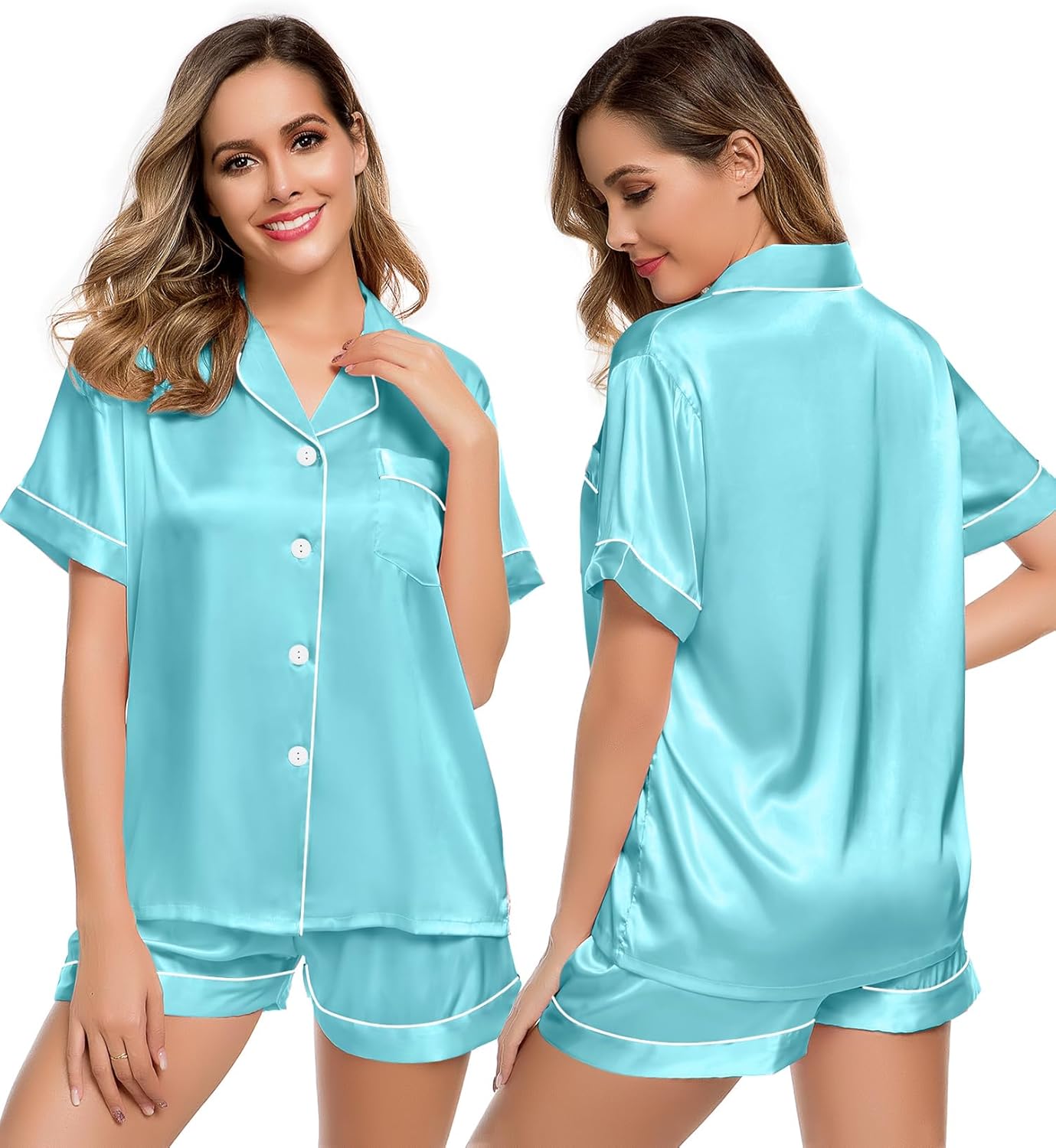 LecGee Womens Silk Satin Pajamas Short Sleeve Loungewear Two-Piece Sleepwear But...