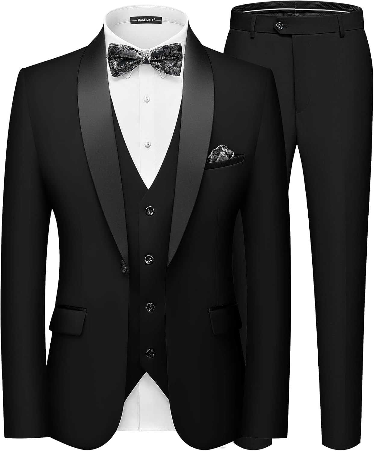 MAGE MALE Men's Slim Fit 3 Piece Suit One Button Solid Shawl Lapel Blazer Jacket...