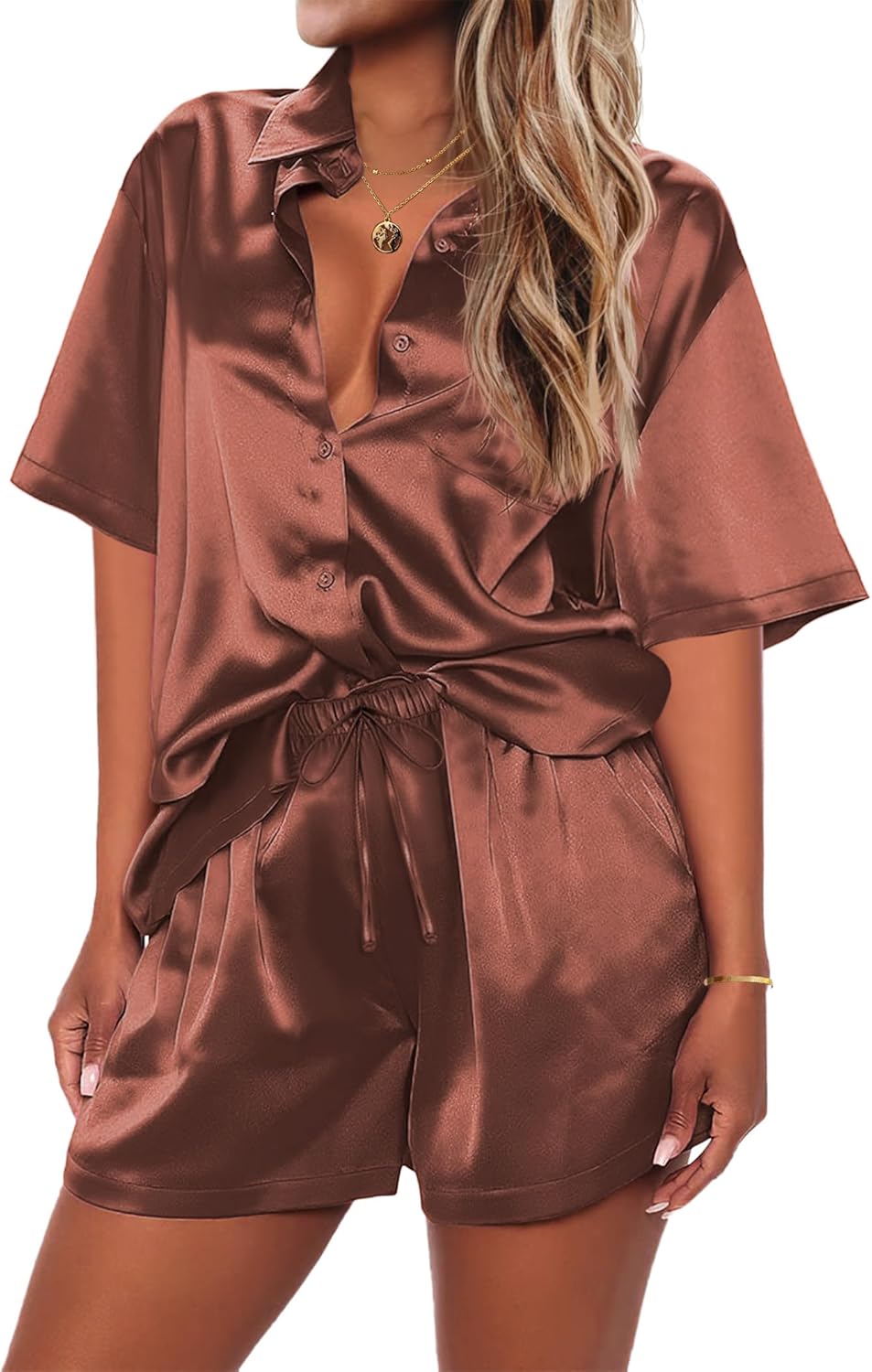 Ekouaer Pajamas for Women Silk Soft Sleepwear Short Sleeve Button Down Pjs Satin...