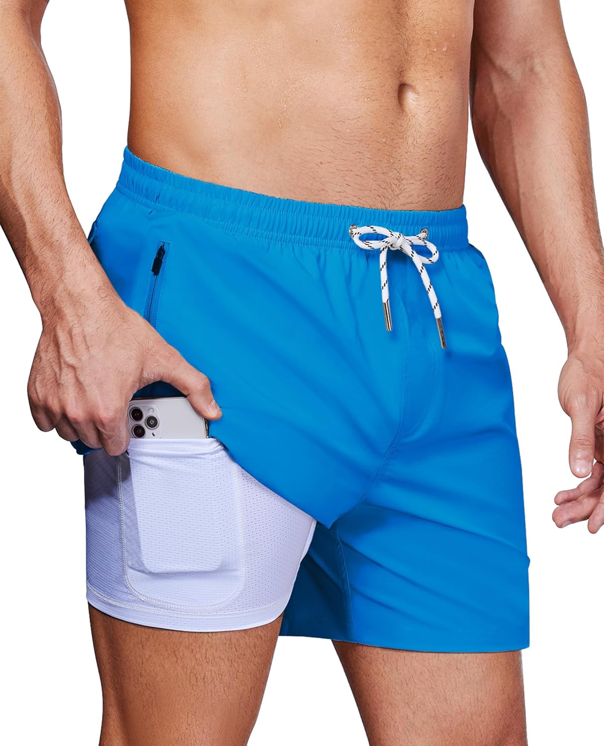 Alimens & Gentle Mens 5" Swim Trunks with Zipper Pocket 2 in 1 Swim Shorts with...