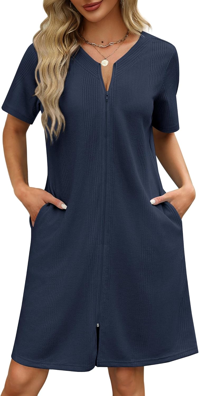 Ekouaer Women Zipper Robes Waffle Short Bathrobe Lightweight House Coat with Poc...