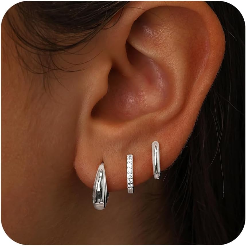 Small Sterling Silver Hoop Huggie Earrings Set for Women, Silver Stud Earrings f...