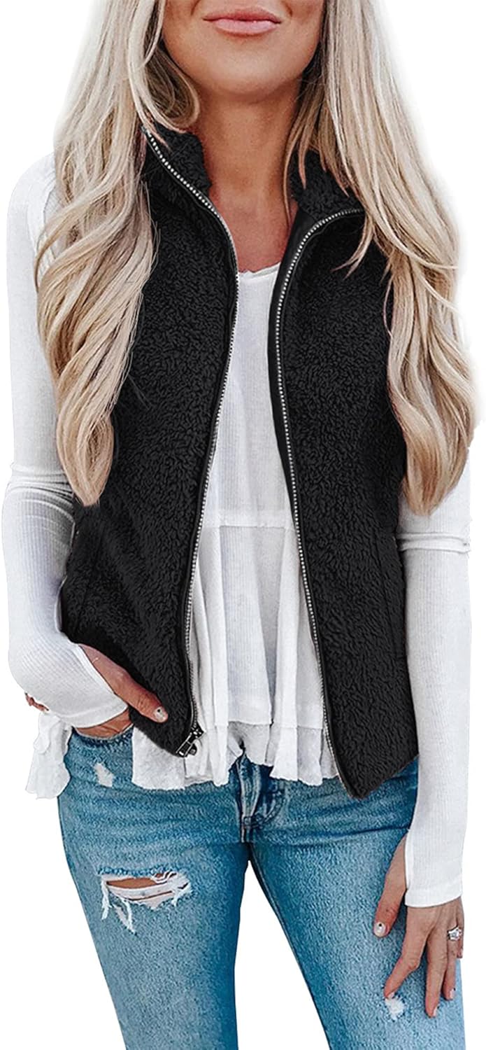 LOMON Womens Fuzzy Sherpa Fleece Jacket Lightweight Vest Cozy Sleeveless Cardiga...