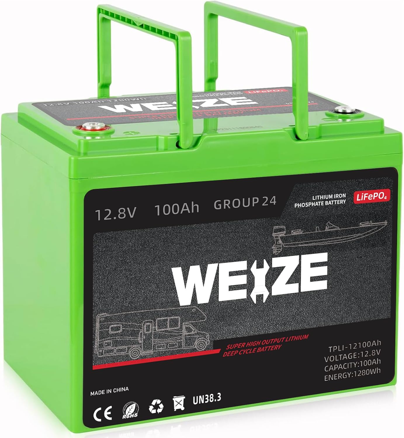 WEIZE 12V 100Ah BCI Group 24 Lithium Battery, Built-in 100A BMS, Up to 15000 Cyc...