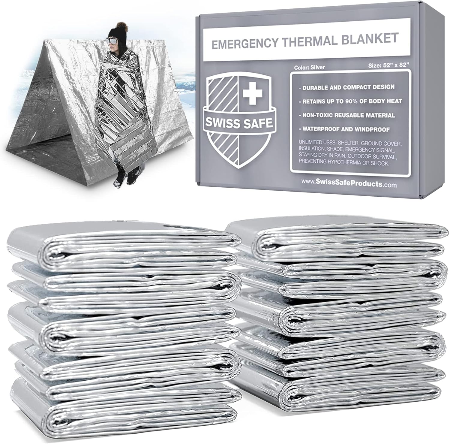 Swiss Safe 10 Pack Mylar Emergency Blankets for Survival - Compact & Insulated f...