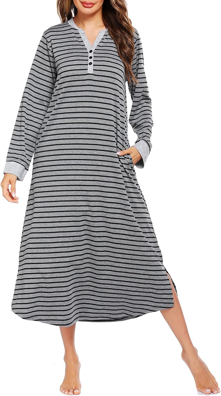 Ekouaer Womens Nightgown Long Loungewear V Neck Nightshirt Sleepwear Full Length...