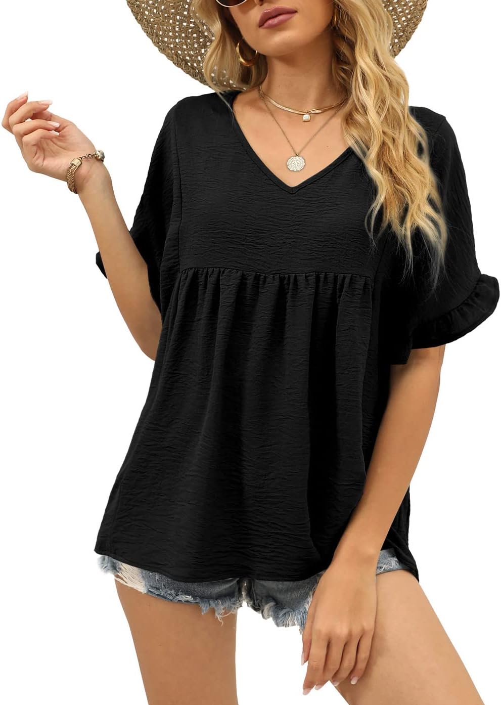 WIHOLL Womens Tops Casual V Neck Ruffle Sleeve T Shirts Babydoll Loose Fit Peplu...