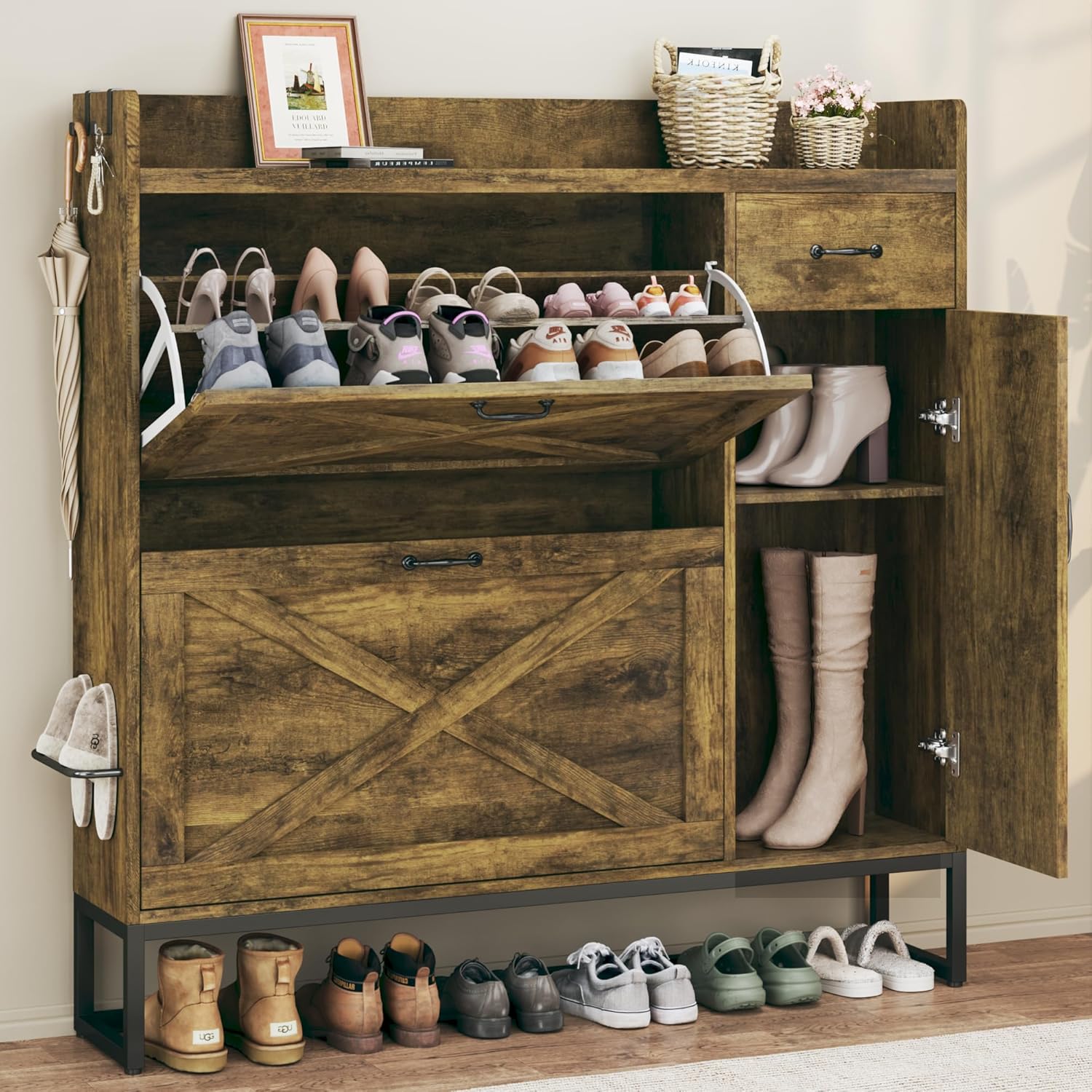 Shoe Cabinet with 2 Flip Drawers & Side Cabinet, Shoes Cabinet with Adjustable S...