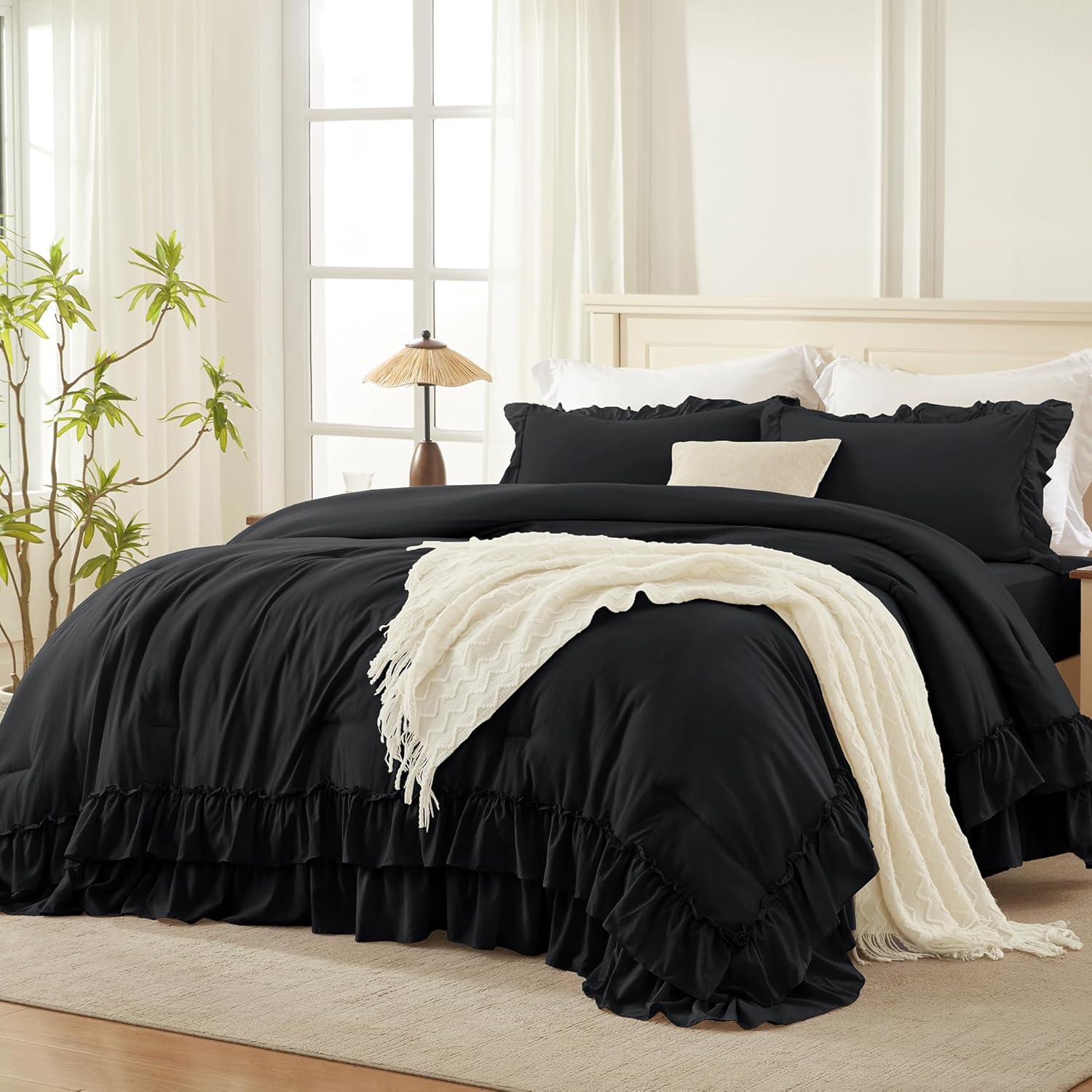 Andency Black King Comforter Set(104x90Inch), 3 Pieces Ruffle Comforter Set with...