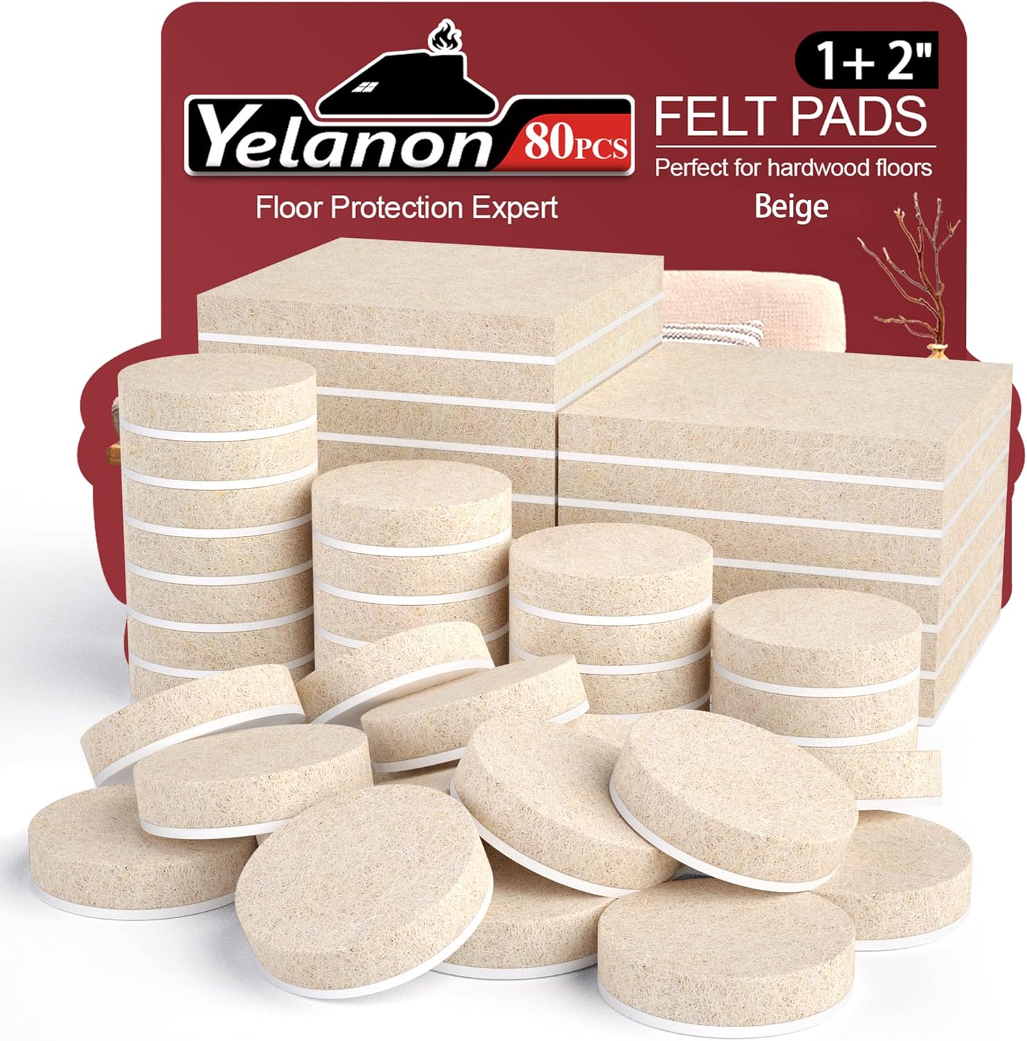 Yelanon Felt Furniture Pads - 80 Pcs Furniture Pads for Hardwoods Floors, Felt C...